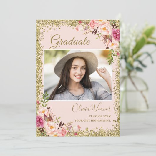 Blush Pink Gold Glitters Floral Foto Afstuderen Kaart (Staand voorkant)