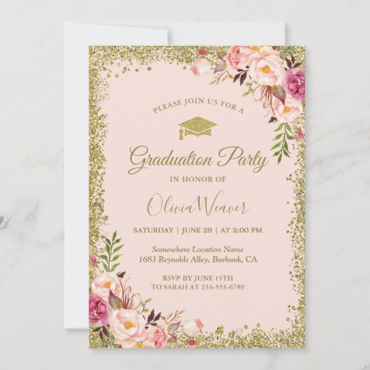 Blush Pink Gold Glitters Floral Foto Afstuderen Kaart (Achterkant)
