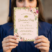 Blush Pink Gold Glitters Floral Foto Afstuderen Kaart