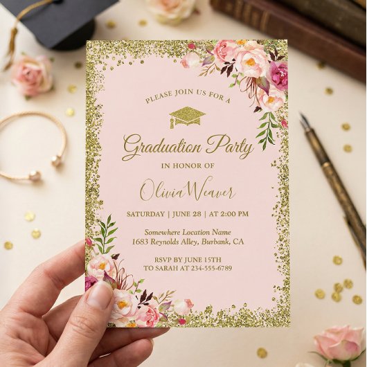 Blush Pink Gold Glitters Floral Foto Afstuderen Kaart