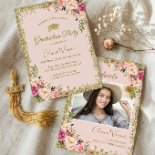 Blush Pink Gold Glitters Floral Foto Afstuderen Kaart