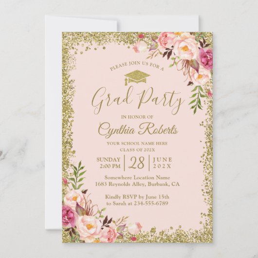 Blush Pink Gold Glitters Floral Gradual Party Kaart (Voorkant)