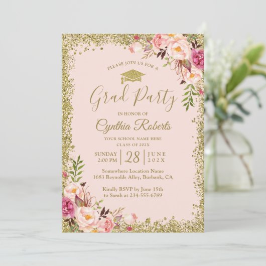 Blush Pink Gold Glitters Floral Gradual Party Kaart (Staand voorkant)
