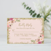 Blush Pink Gold Glitters Floral RSVP Antwoord (Staand voorkant)