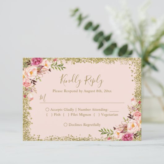 Blush Pink Gold Glitters Floral RSVP Antwoord (Staand voorkant)