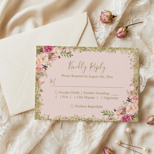 Blush Pink Gold Glitters Floral RSVP Antwoord
