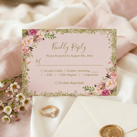 Blush Pink Gold Glitters Floral RSVP Antwoord