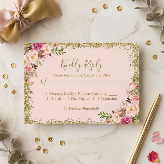 Blush Pink Gold Glitters Floral RSVP Antwoord
