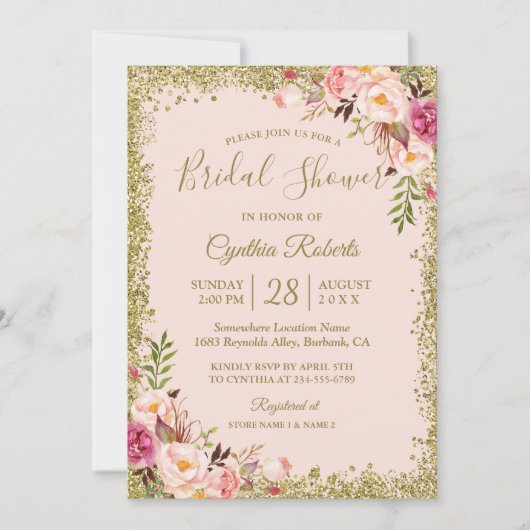Blush Pink Gold Glitters Floral Vrijgezellenfeest Kaart (Voorkant)