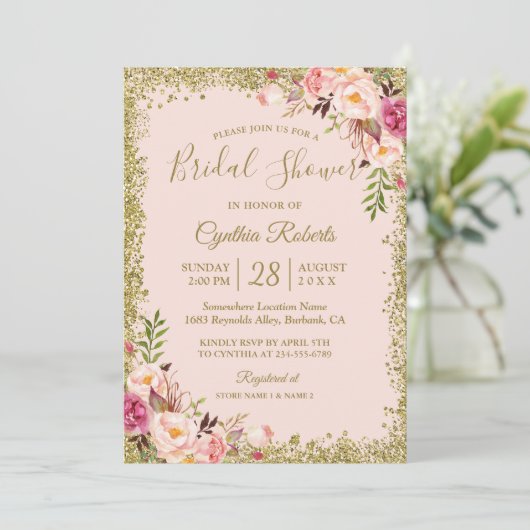 Blush Pink Gold Glitters Floral Vrijgezellenfeest Kaart (Staand voorkant)