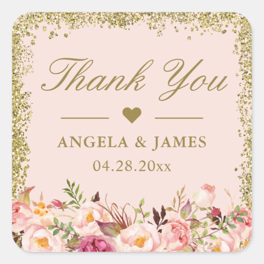 Blush Pink Gold Glitters Floral Weddenschap Hartel Vierkante Sticker (Voorkant)