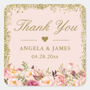 Blush Pink Gold Glitters Floral Weddenschap Hartel Vierkante Sticker