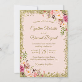 Blush Pink Gold Glitters Floral Weddenschap Kaart