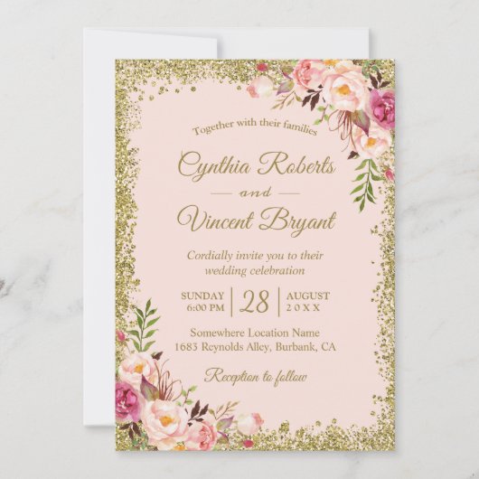 Blush Pink Gold Glitters Floral Weddenschap Kaart (Voorkant)