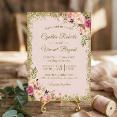 Blush Pink Gold Glitters Floral Weddenschap Kaart