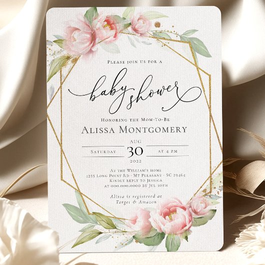 Blush Pink Gold Greenery Baby shower Invitation Kaart