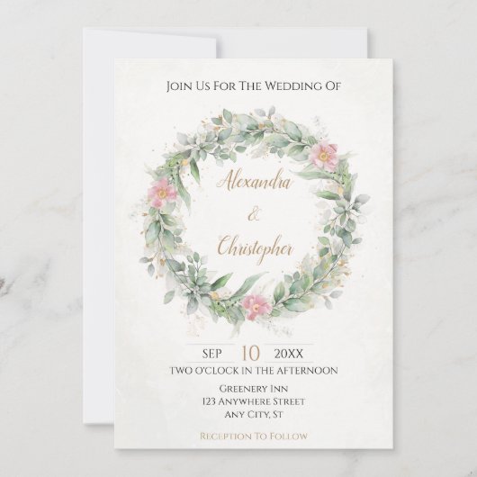 Blush Pink Gold Greenery Floral Invitation Kaart (Voorkant)