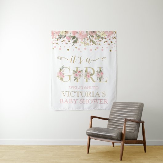Blush Pink Gold Het Een Meisje Baby shower Banner Wandkleed (In situ)