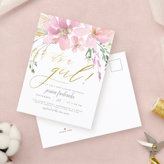 Blush Pink & Gold Het is een meisje Floral Baby sh Uitnodiging Briefkaart