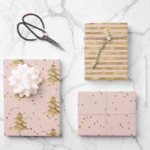 Blush Pink Gold kerstboomstripes Sparkle     Inpakpapier Vel