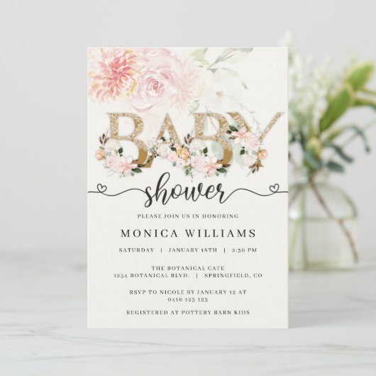 Blush Pink & Gold Lace Girl Baby Shower Kaart (Staand voorkant)