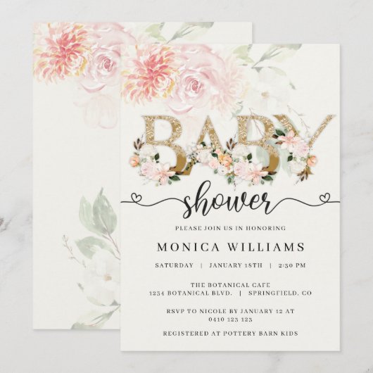 Blush Pink & Gold Lace Girl Baby Shower Kaart (Voorkant / Achterkant)