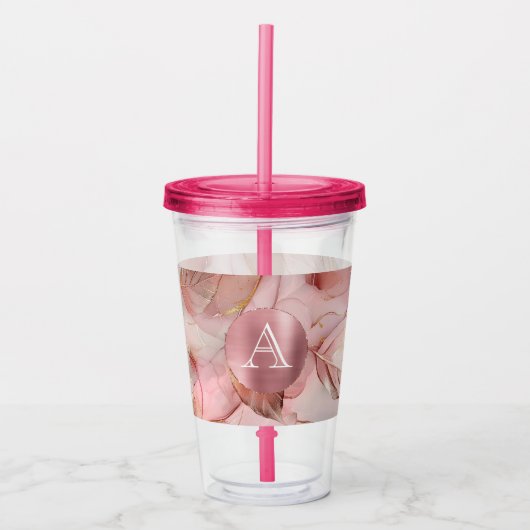 Blush Pink Gold Leaves Monogram Acryl Drinkbeker (Voorkant)