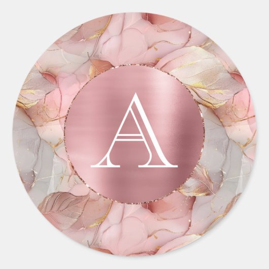 Blush Pink Gold Leaves Monogram Ronde Sticker (Voorkant)