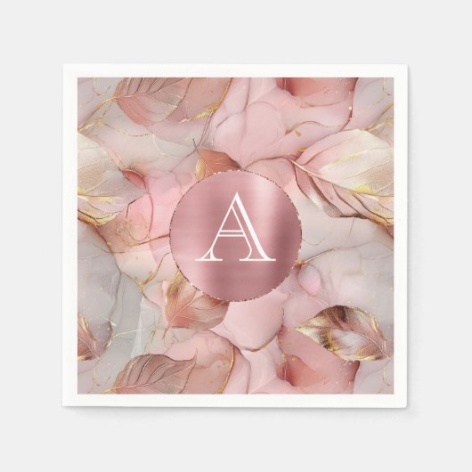Blush Pink Gold Leaves Monogram Servet (Voorkant)