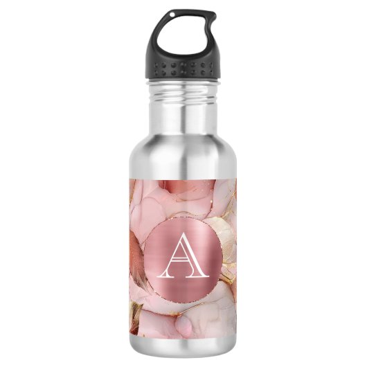 Blush Pink Gold Leaves Monogram Waterfles (Voorkant)