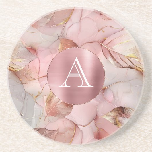 Blush Pink Gold Leaves Monogram Zandsteen Onderzetter (Voorkant)