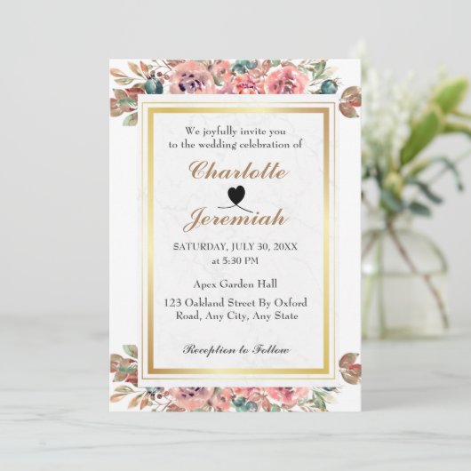 Blush Pink Gold Lijst Floral Greenery Wedding Kaart (Staand voorkant)