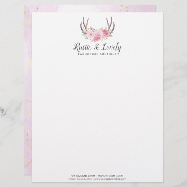 Blush Pink Gold Marble Rustic Floral Antlers Chic Briefhoofd (Voorkant / Achterkant)