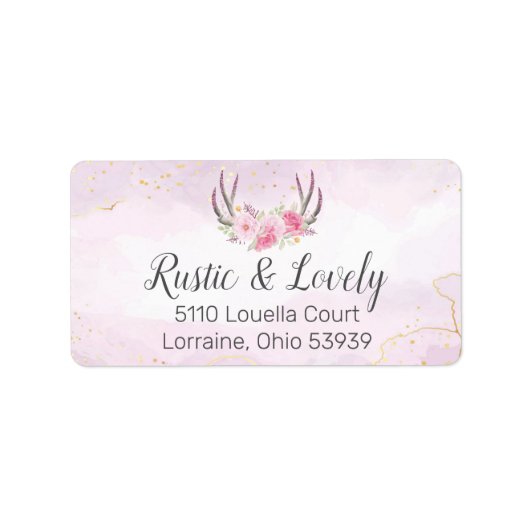 Blush Pink Gold Marble Rustic Floral Antlers Chic Etiket (Voorkant)