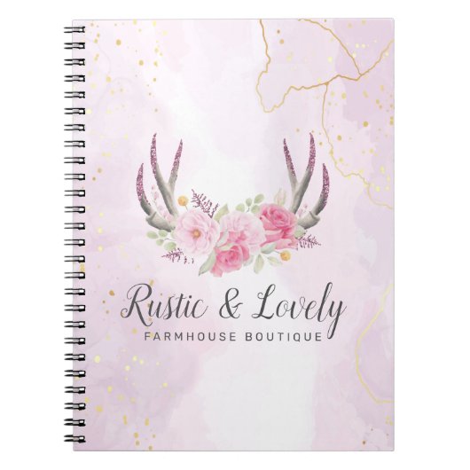 Blush Pink Gold Marble Rustic Floral Antlers Chic Notitieboek (Voorkant)