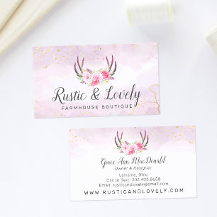 Blush Pink Gold Marble Rustic Floral Antlers Chic Visitekaartje