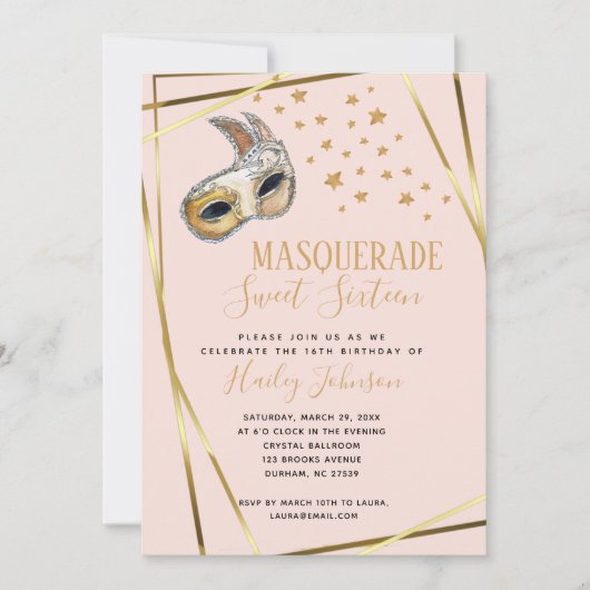 Blush Pink & gold Masquerade Birthday party Aankondiging (Voorkant)