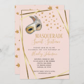 Blush Pink & gold Masquerade Birthday party Aankondiging (Voorkant / Achterkant)