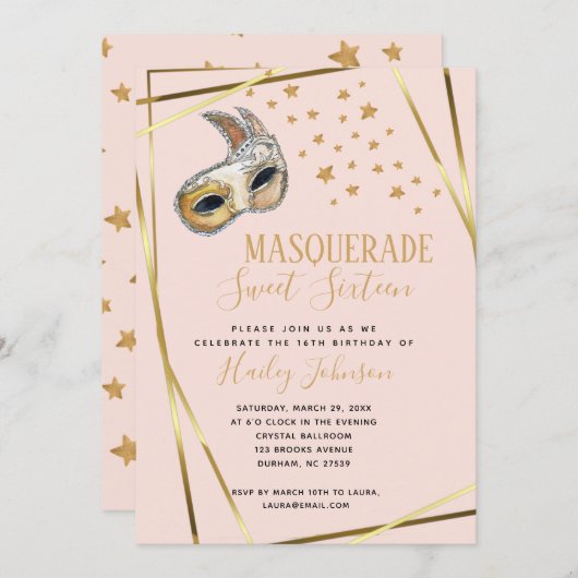 Blush Pink & gold Masquerade Birthday party Aankondiging (Voorkant / Achterkant)