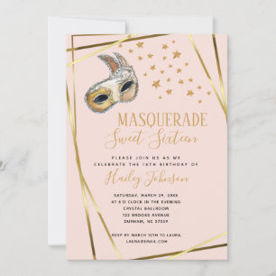 Blush Pink & gold Masquerade Birthday party Aankondiging
