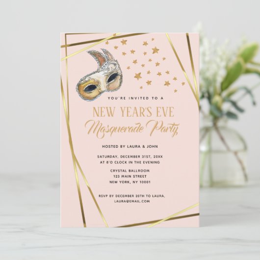Blush Pink & gold Masquerade Nieuwjaarsfeest Aankondiging (Staand voorkant)