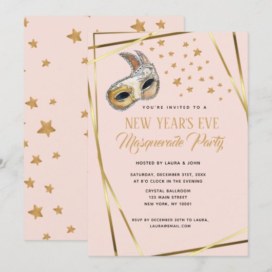 Blush Pink & gold Masquerade Nieuwjaarsfeest Aankondiging (Voorkant / Achterkant)