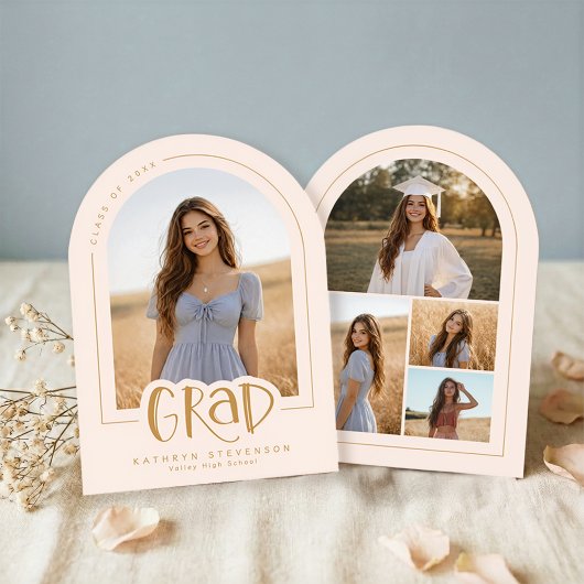 Blush Pink Gold Modern 5 Photo Grad Announcement Kaart