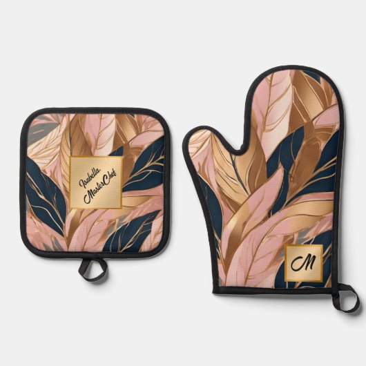 Blush Pink Gold Modern Boho Leaves Collectie Ovenwant & Pannenlap Set (Voorkant)