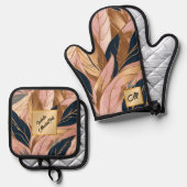 Blush Pink Gold Modern Boho Leaves Collectie Ovenwant & Pannenlap Set (Voorkant / Achterkant)