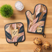 Blush Pink Gold Modern Boho Leaves Collectie Ovenwant & Pannenlap Set (Top down)