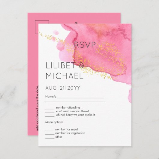 Blush Pink Gold Modern Wedding RSVP met Menu (Voorkant / Achterkant)