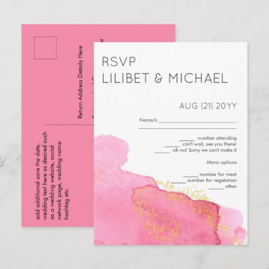 Blush Pink Gold Modern Wedding RSVP met Menu (Voorkant / Achterkant)
