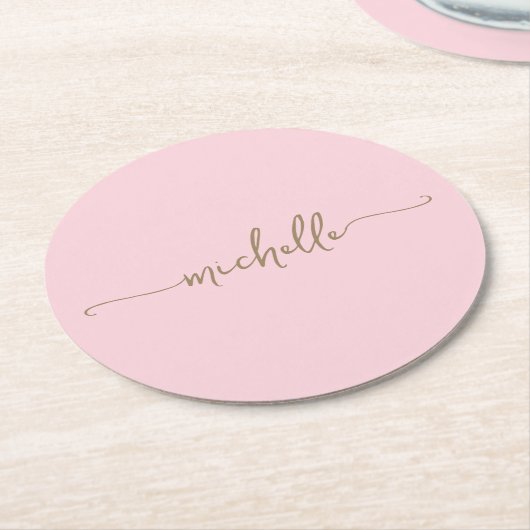 Blush Pink Gold Monogram Naam Script Handtekening Ronde Kartonnen Onderzetter (Gebogen)