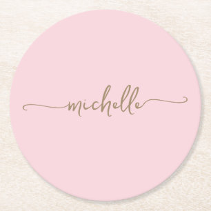 Blush Pink Gold Monogram Naam Script Handtekening Ronde Kartonnen Onderzetter